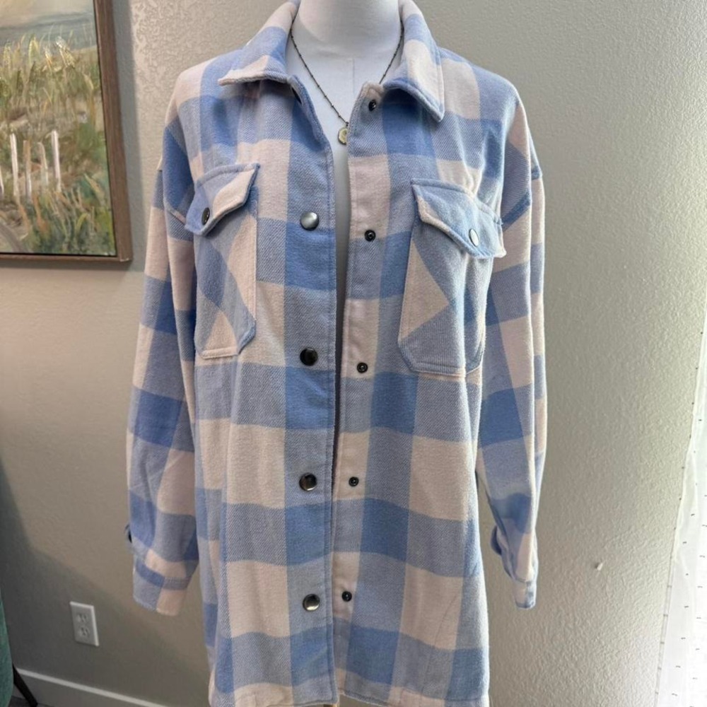 HFX Blue White Buffalo Plaid Flannel Shacket - Size M